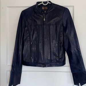 Paige Dark Blue Leather Denim Jacket